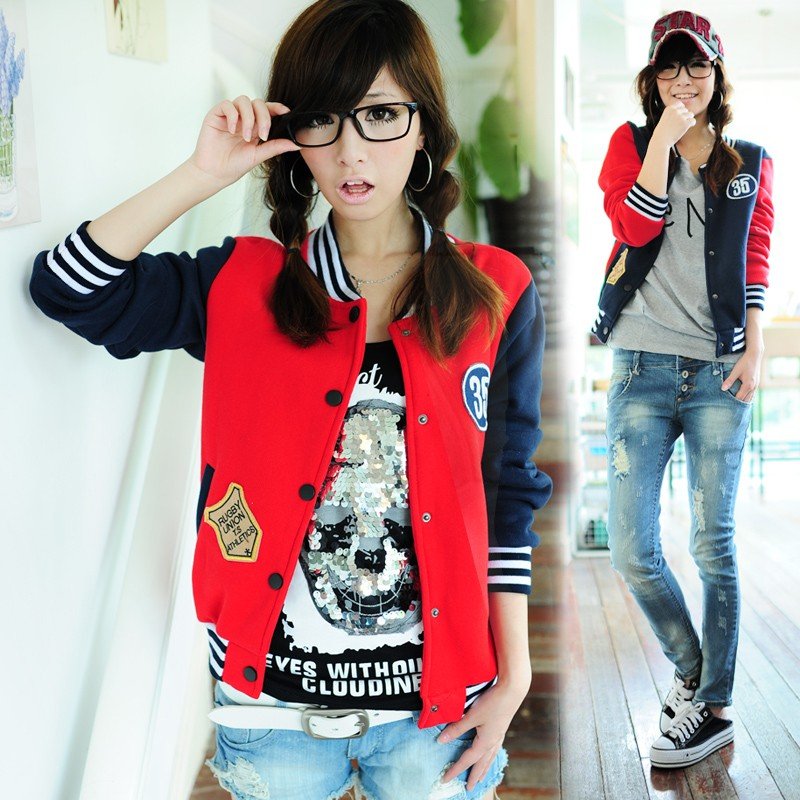 2012 New Autumn Women NO 35 Baseball Outwear Sport Coat Loose Fit Style Long Sleeve Jacket Blue,Red