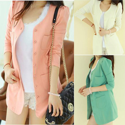 2012 New Candy Colors Women Pocket Long Sleeve Button Blazer Jacket Suit Outerwear Free Shipping