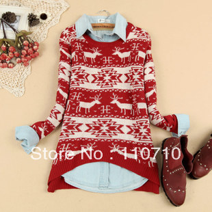 2012 NEW, Christmas sweater snowflakes reindeer strip women coat, loose, front short back long, black and red, free shipping