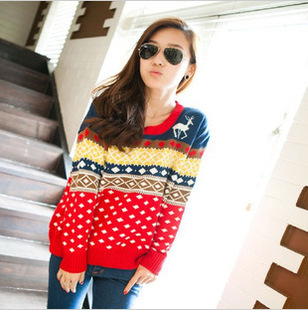 2012 NEW Christmas sweater snowflakes reindeer stripe dot women coat, loose, red, free shipping