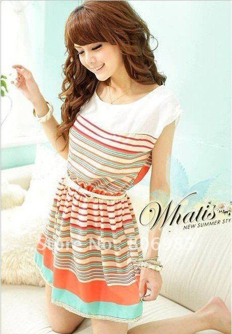 2012 New Colorful Stripes Mini Dress Free Bowknot Belt Womens Dresses free shipping