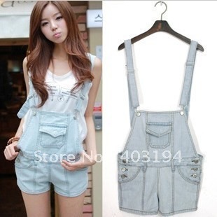 2012 New cool light color cute suspenders shorts loose one piece denim spaghetti strap pants jumpsuit plus size