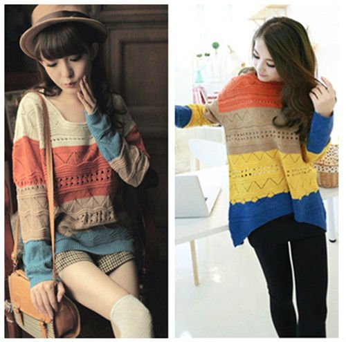 2012 New Cute Crew Neck Long Sleeve Oversized Striped Sweater Jumper Top 0043#