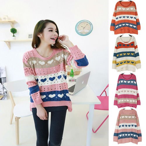 2012 New Cute  Crew Neck Long Sleeve Striped Heart Partten Hole Sweater Jumper 0044#