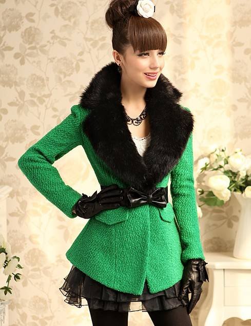 2012 new design women'a winter outwear green winter clothing with black hair big turndown temperament collect waist thick  coat