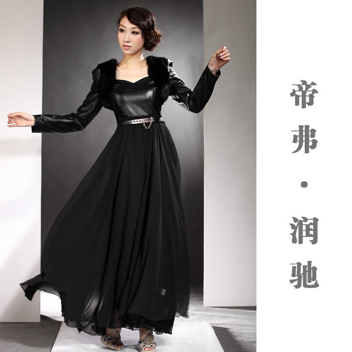 2012 New design women chiffon pu leather patchwork dress with rabbit fur ultra long one-piece full dress maxi dress