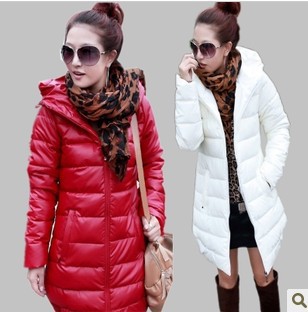 2012 new design women qualities slim pu leather long style solid color down cotton overcoat