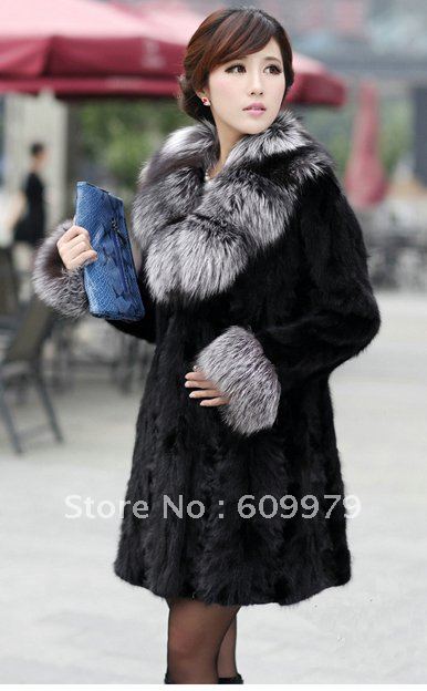 2012 New Design Women's Model Long Black Mink Coat With Fox Fur Collar Free Shipping Keep Warm  FM00150 Size of M, L, XL,XXL