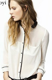 2012 new Detachable black collar, white chiffon shirt  chiffon long-sleeved  blouse blouse   ladies' blouse