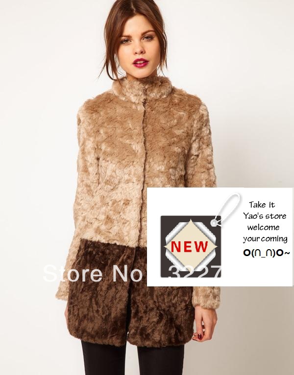 2012 new double color patchwork imitation rabbit fur coat for women middle long winter warm long jacket ladies' apparel