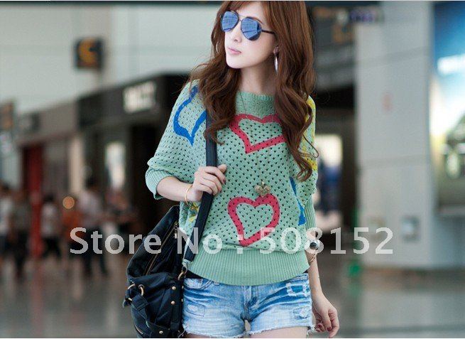 2012 New dress  Hollow out a word bring love printing bat sleeve knit unlined upper garment