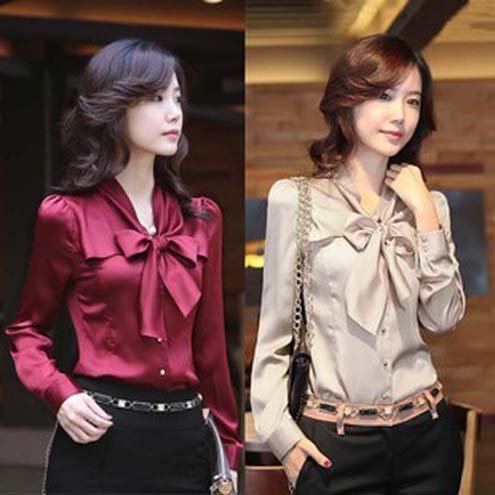 2012 New Elegant Blouses Spring Female Bowknot Falbala Poplin Silk Red Purple White Ivory Black Long Sleeve Shirt Lady Shirt