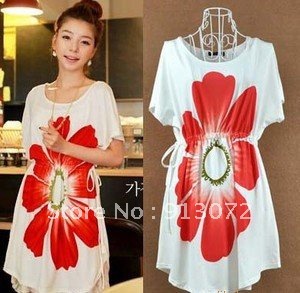 2012 New elegant dress, loose style big flower print dress, long T shirt summer dress sweet, cute free size