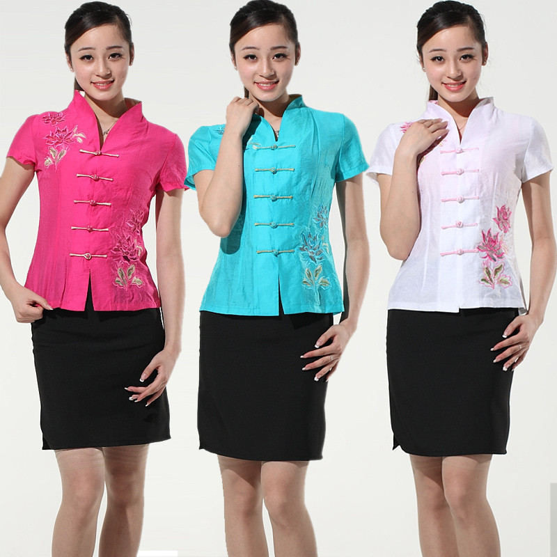 2012 new  embroidered lotus  women's summer work wear/hotel uniforms/short seleeve shirt,Tang suit/ traditional Chinese garments