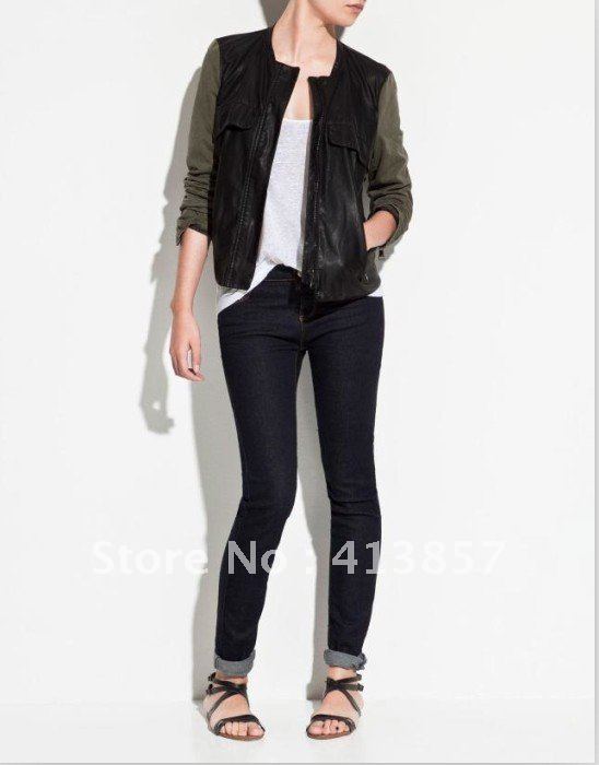 2012 new European and American Wind stitching PU leather Ms. long-sleeved round neck coat jacket