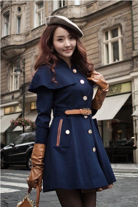 2012 NEW, European style unique cloak design leather decoration long ladies winter coat