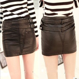 2012 New European Style With Belt Slim Package Hip Skirt Sexy Leather Skirt PU Material Black Brown 34 36 38 40 Free Shipping