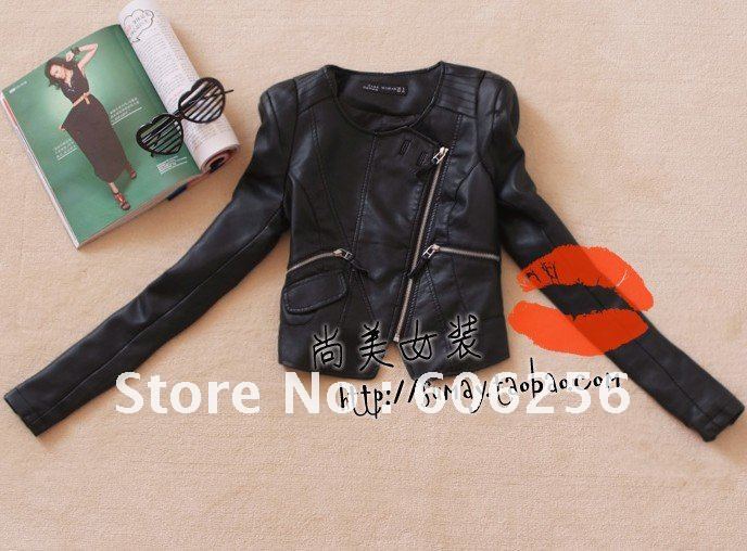 2012 New Eurpean Style women shurg round collar slim short coat , motorcycle style PU fashion coat 2 colors