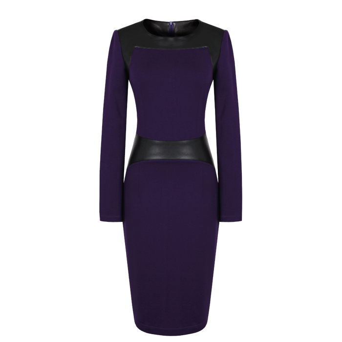 2012 new fashion autumn and winter one piece dress leather patchwork long sleeve knee length pencil dress purple free shipping