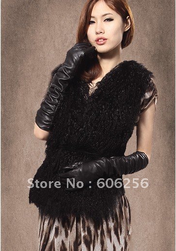 2012 new fashion black/beige mongolian fur Splice leather  vest ,vivi same style fashion waistcoat