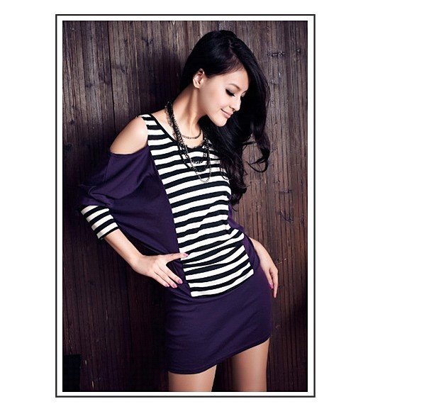 2012 new fashion dress extra large size plus size women Long-sleeved T-shirt, women's new Korean sexy wild bat shirt striped