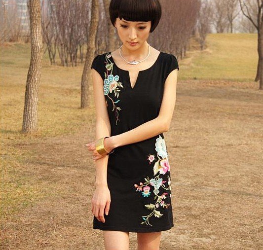 2012 New Fashion Folk style Short Sleeve Cotton Dress For Women Slim Ladies  Cute Dress Tops Ethnic Style Clothes C668