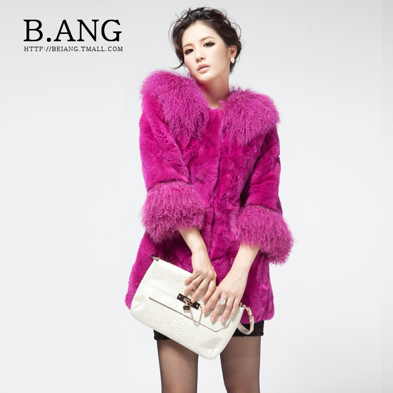 2012 new fashion high quality rex rabbit hair women winter fur coat wool collar medium-long female fur coat jacket