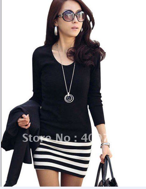 2012 New Fashion Korean Women's Casual Slim Striped Stitching Cotton Dress Free Shipping