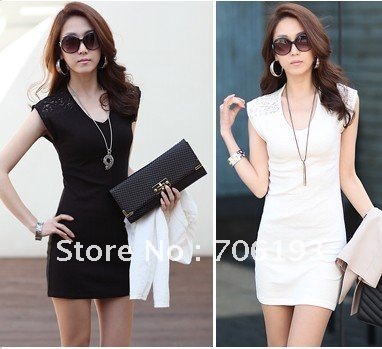 2012 New Fashion Lace + South Korea Milk Silk Material Slim  V-NECK Dress,Casual Dress,women's dress