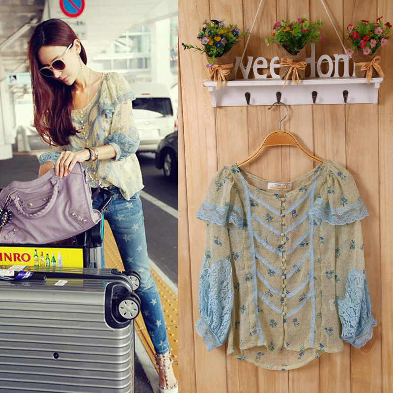 2012 new Fashion LONG SLEEVE FLORAL PRINTS CHIFFON BLOUSE shirt TOP , free shipping