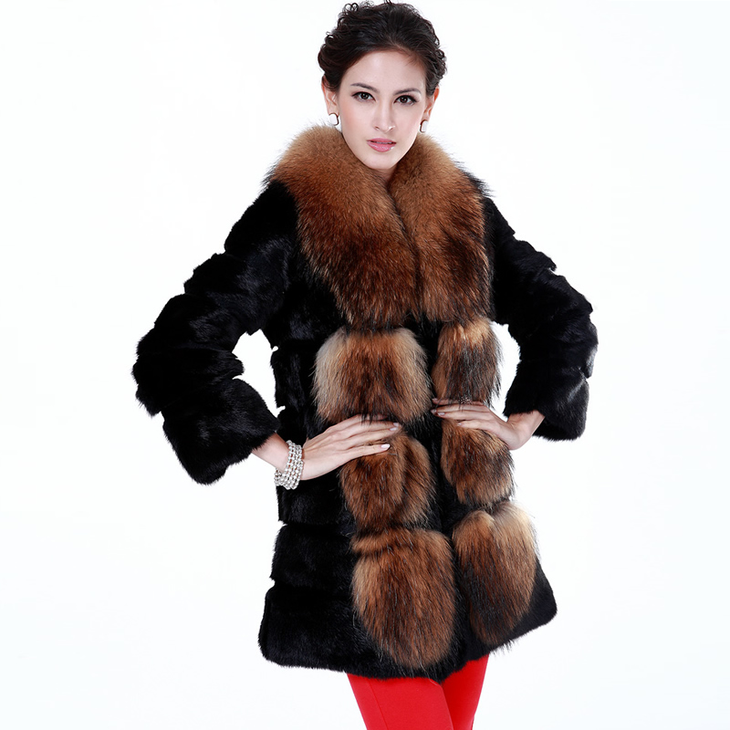 2012 new fashion style fur overcoat women's medium-long rabbit fur coat ultralarge raccoon fur collar winter coat DHL free ship