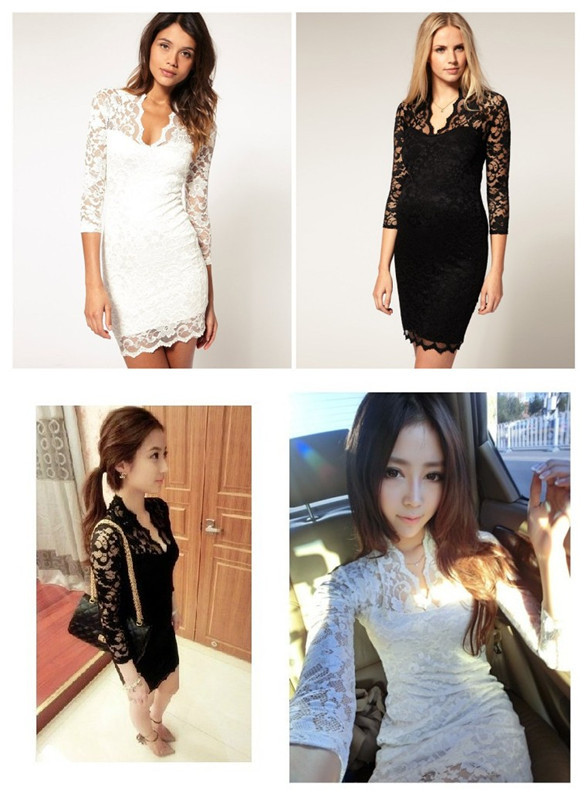 2012 new Fashion Vintage Ladies' Full Lace Sexy V-Neck Slim Middle Sleeve Dresses Stretch party elegant dress