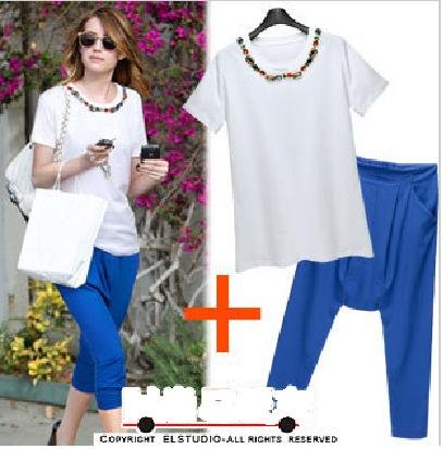 2012 new fashion women clothing sets,two-piece color beaded fashion Blouse + Loose Capris