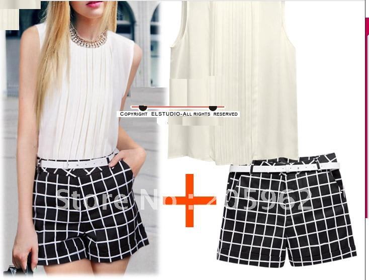 [2012 new fashion women clothing Suits}. Fold sleeveless chiffon shirts+Retro high waist plaid shorts