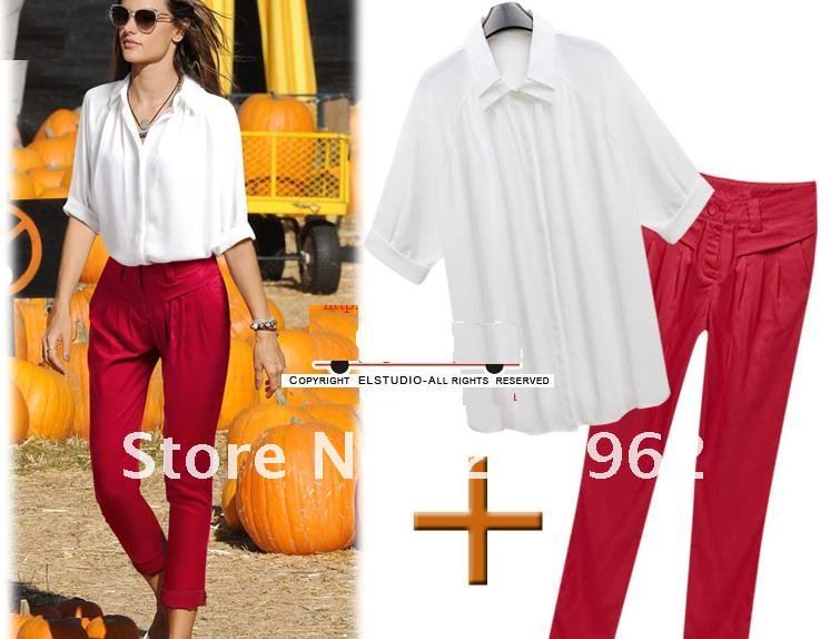 2012 new fashion women clothing suits, loose chiffon Blouse + Slim trousers, pants