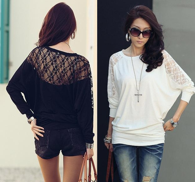 2012 New Fashion Women's Batwing Top Dolman Lace Loose Long Sleeve T-Shirt Blouse Black White M-L free shipping