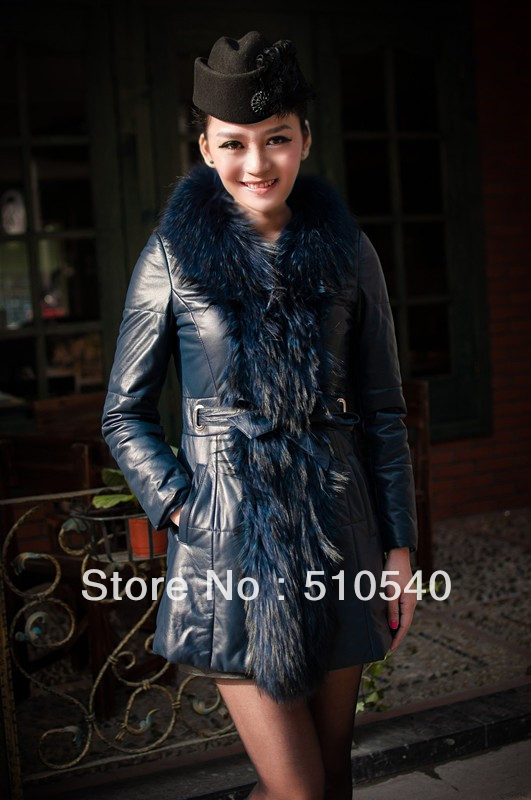 2012 new fashion women's lamb leather long jacket with racoon fur trims ladies winter outwear coat missy size solid color