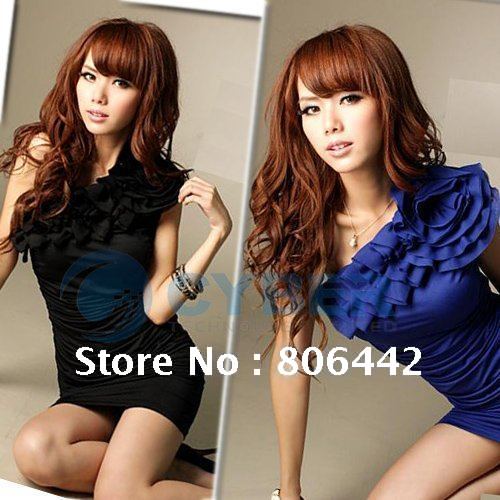 2012 New Fashion Women's One Shoulder Sexy Wrinkle Chiffon Dress Black or Blue,Free Shipping