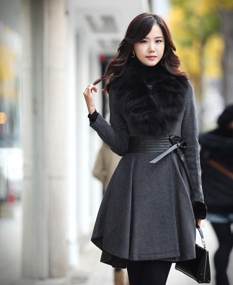 2012 New Fashion Women's Winter Coat Slim Long Overcoat Faux Fox Wool Collar Outwear Winter Warm Coat