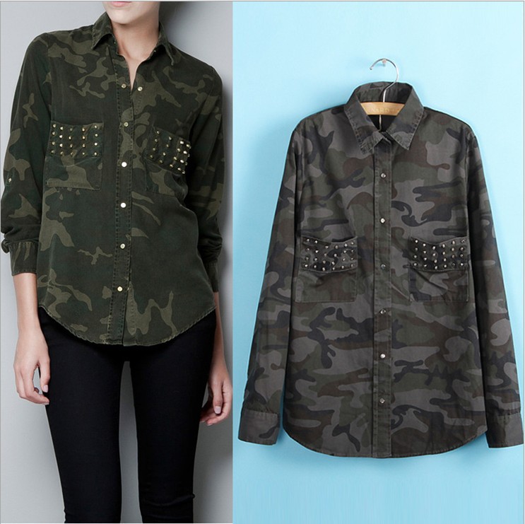 2012 new fashion womens' Battle Uniform blouse Army camouflage Rivet pockets long sleeve elegant casual t shirt cool tops