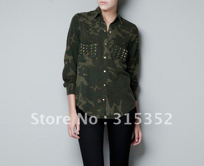 2012 new fashion womens' Battle Uniform blouse Army camouflage Rivet pockets long sleeve elegant casual t shirt cool tops