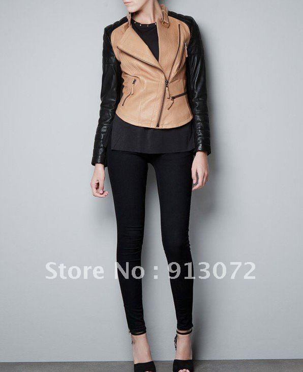 2012 New fashion womens' casual PU leather jacket coat patchwork zippers legant slim brand design quality item outwear