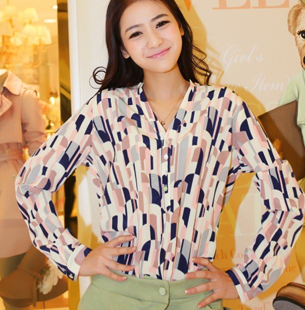 2012 new fashion womens' chiffon Long Sleeve color print Shirt casual modern cozy lady blouse whole sale