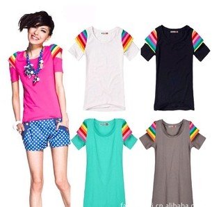 2012 new fashion womens' cotton colorful striped short Sleeve O neck lovely Shirt casual sweet cute cozy free shipping