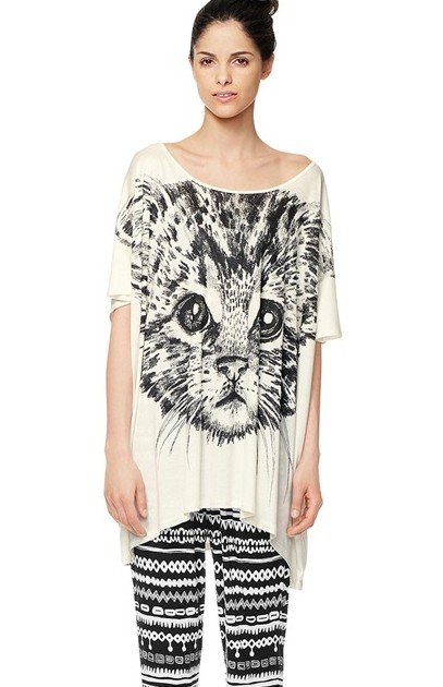 2012 new fashion womens' cotton short Sleeve O neck loose style cat print Shirt casual cozy blouse whole sale Plus size