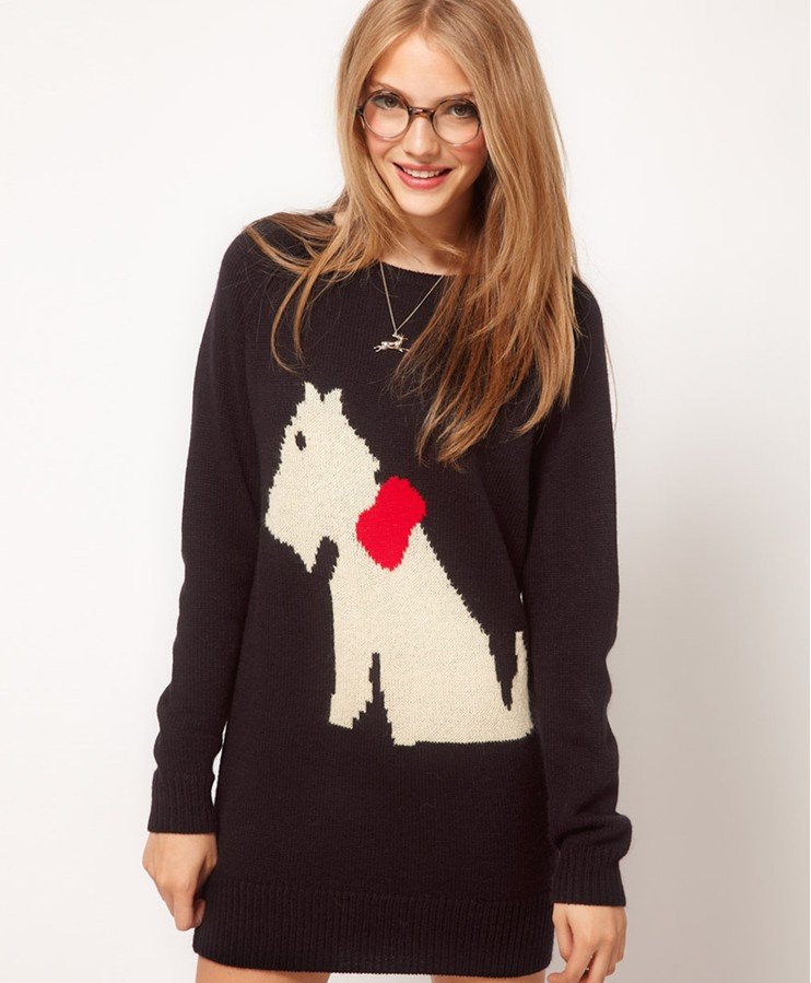 2012 New Fashion Womens' Cute Cartoon dog puppy print pullover round neck mid-Long knitted Sweaters Casual knitwear quality