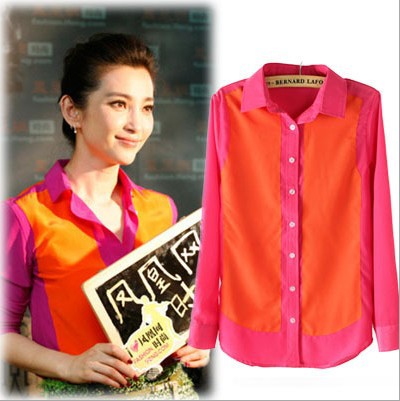 2012 New fashion womens' elegant patchwor chiffon blouse OL career blouse bright color tops long sleeve casual slim brand design