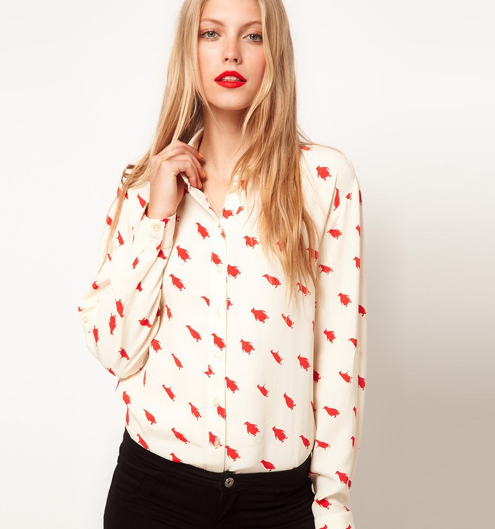 2012 New fashion womens' elegant penguin print chiffon blouse OL career blouse tops long sleeve casual slim brand design