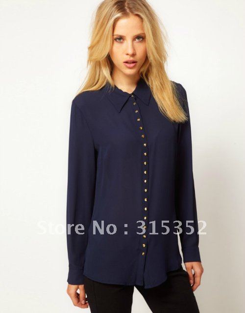 2012 New fashion womens' elegant Rivet button sexy blouse see through tops long sleeve casual t shirt slim transparent