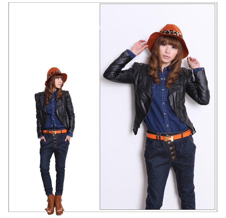 2012 New Fashion Womens Lace Botton Hem Sequin Patchwork PU Leather Jacket Shoulder Hand-made Nail Bead Coat Outerwear P14